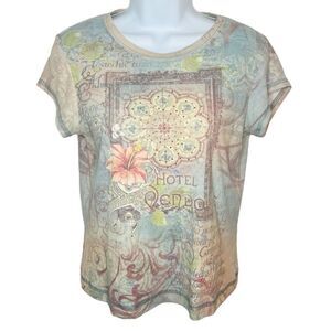 xcit USA Petite Y2K Graphic Tee Short Cap Sleeves Embellished Paris Top PM